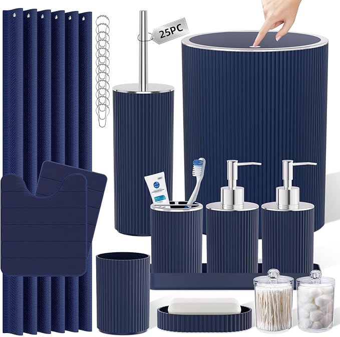 Navy Blue Bathroom Accessories Set - Bathroom Sets, 25PC Bath Accessory Set, Bathroom Sets with Push Top Trash Can, Shower Curtain and Rugs, Toilet Brush, Trash Can & Soap Dispenser