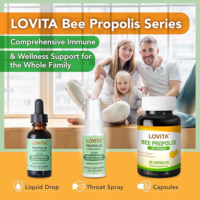 Lovita Bee Propolis Liquid Extract 500mg, 5:1 Resin Drops with 18% Bioflavonoids, Alcohol-Free Antioxidant, Immune Support & Throat Soothing, Gluten-Free, Non-GMO, 1 Fl Oz (30 mL), 90 Day Supply