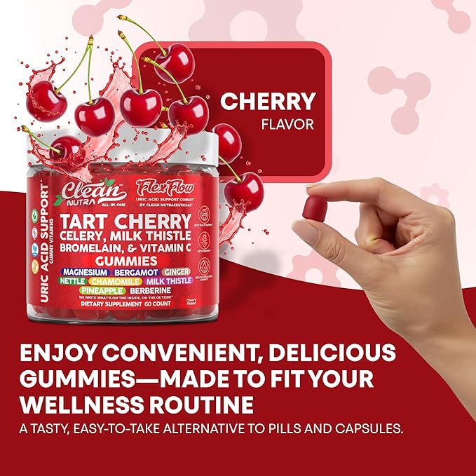 Clean Nutra Tart Cherry Gummies Uric Acid Flush Celery Milk Thistle Bromelain Vitamin C Magnesium Citrus Bergamot Ginger Stinging Nettle Leaf Chamomile Berberine Quercetin Support 60 Gummy Vitamins