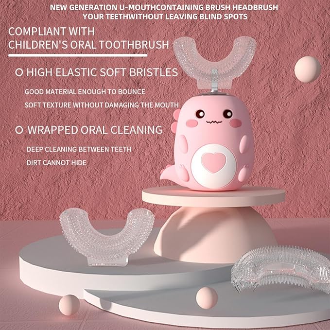 Kids U Shaped Electric Toothbrush with 4 Brush Heads, 360° Sonic Automatic Toothbrush with 3 Cleaning Modes, IPX7 Waterproof Cartoon Dinosaur Design (Ages 2-12)