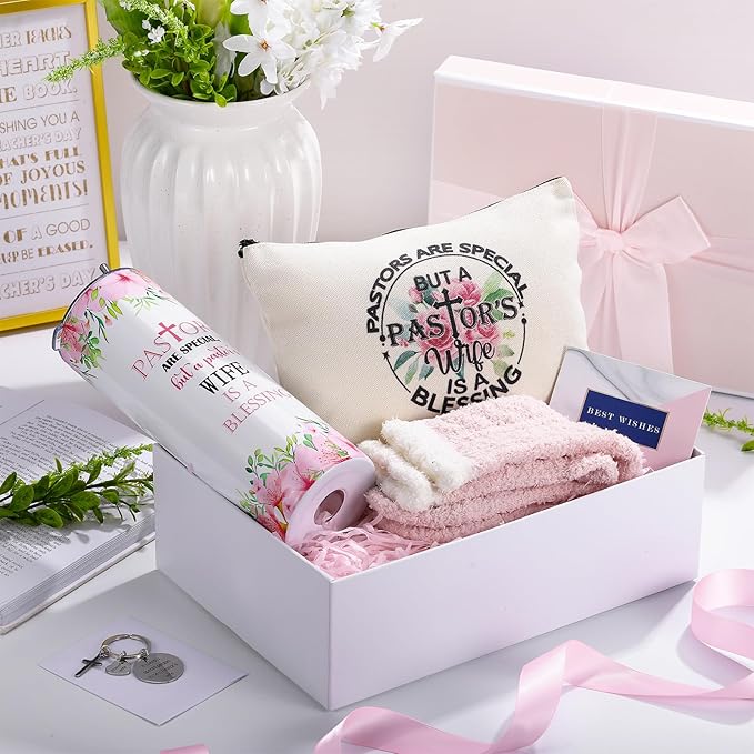 Geiserailie 8 Pcs Christmas Pastor's Wife Gifts for Women Including Large Tote Bag Cosmetic Bags Tumbler Cup Plush Socks Metal Keychain Card and Envelope for Pastor's Wife Thank You Gifts