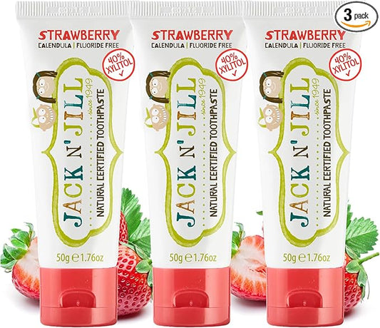 Jack N' Jill Natural Toddler Toothpaste - Fluoride Free Training Toothpaste for Toddlers 1-3, 40% Xylitol, BPA Free - Strawberry, 1.76 oz (Pack of 3)
