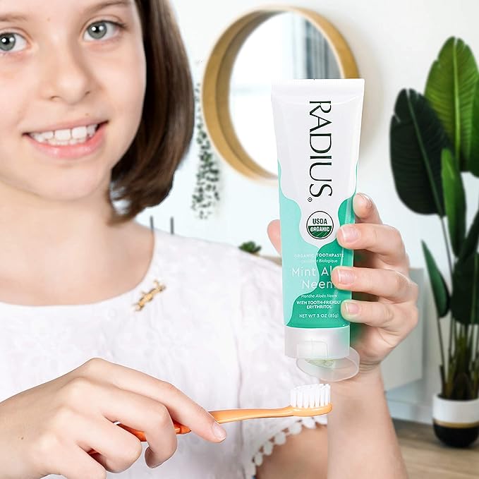 Radius Toothpaste, Mint Aloe Neem, 3 oz, USDA Organic Non-Toxic Chemical-Free Gluten-Free, Designed to Improve Gum Health & Prevent Cavities, Pack of 6