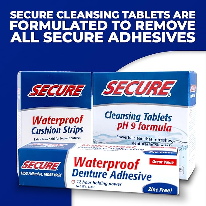 Secure Waterproof Denture Adhesive - Zinc Free - Extra Strong 12 Hour Hold - 1.4 oz (Pack of 2)