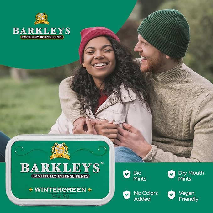 Barkleys Wintergreen Breath Mints - Strong Flavor Cool Mint Candy For Party, After Dinner, Wedding, Every Day Use - Vegan Breath Mints In Reusable Classic Travel Tins, 1 Pack - 50 Count Each