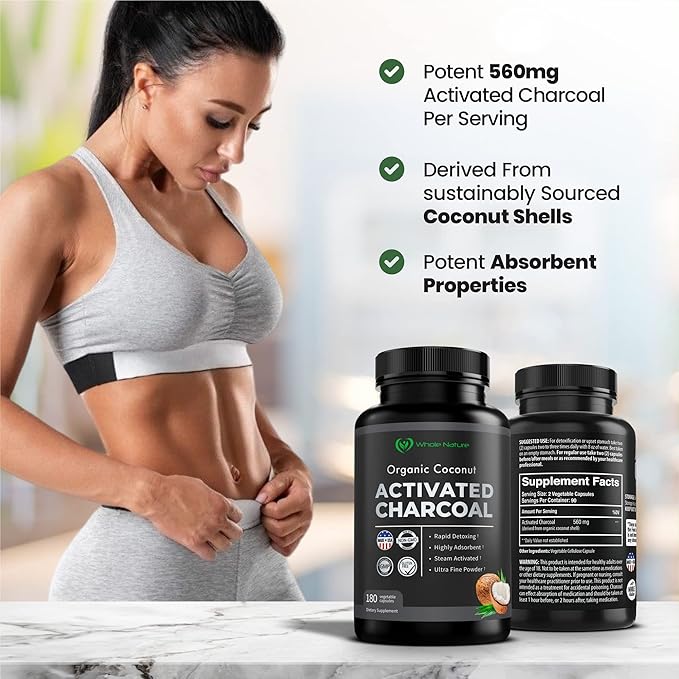 Coconut Activated Charcoal Capsules, 180 Charcoal Capsules, Teeth Whitening, Helps Constipation, Bloating, Stomach Gas, Heartburn, Pure Coconut Derived Supplement (3)