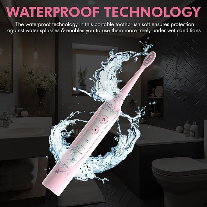 Sonic Electric Toothbrush for Adults with 5 Toothbrush Replacement Heads, 3 Brushing Modes & 2 Minutes Built-in Timer, Travel Toothbrushes with Inductive Charging, Rechargeable toothbrush | Pink