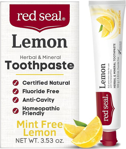 Red Seal Herbal & Mineral Fluoride Free Lemon Toothpaste - Mint Free Toothpaste for Adults - Vegan Friendly, Cruelty Free, No Artificial Colors or Flavors, NATRUE Certified Natural, SLS Free, 3.53 oz