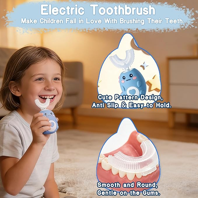 Kids Electric U Shaped Toothbrush, Sonic Automatic Toothbrush Kids with 4 Brush Heads, 3 Cleaning Modes, Cartoon Dinosaur IPX7 Waterproof 360º Round Toddler Electric Toothbrush(Blue, Ages 2-12)