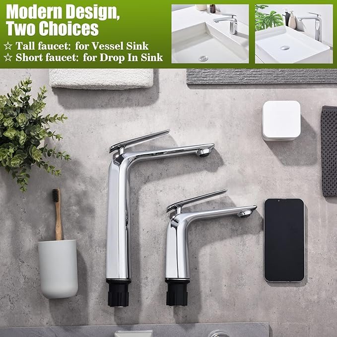 TOCALOCA Bathroom Sink Faucet Chrome Single Handle 1 Hole Vanity Sink Faucet Cold and Hot Water Mixer Tap, Single Lever Lavatory Faucet