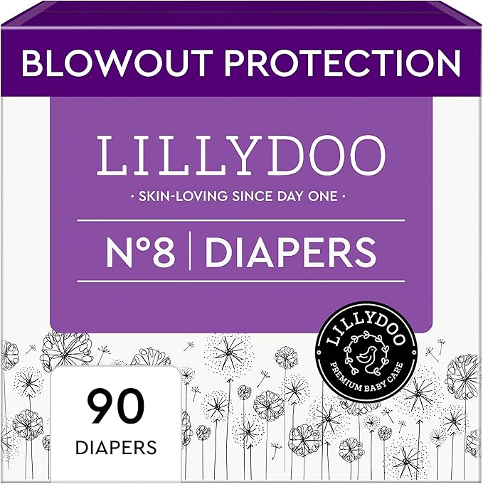 LILLYDOO Baby Diapers - Size 8 (37+ lbs), Monthly Supply (90 Count), Leak Protection, Skin-Friendly, Ultrasoft, Perfume- & Chlorine-Free, Hypoallergenic, dermatologically Tested, Oeko-TEX®