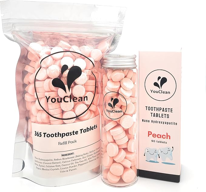 90 Toothpaste Tablets in Refill/Recycle Glass Tube - for Travel and Daily Home Office Use - Nano Hydroxyapatite, Fluoride-Free, Vegan (Peach90)