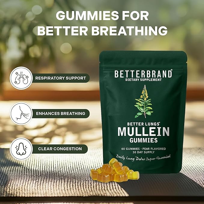Betterbrand Mullein Chewable Gummies for Lung Cleanse and Detox, Respiratory Health Supplement, 1000mg Mullein Extract per Serving, 180 Gummies - 90 Day Supply - Pear Flavored