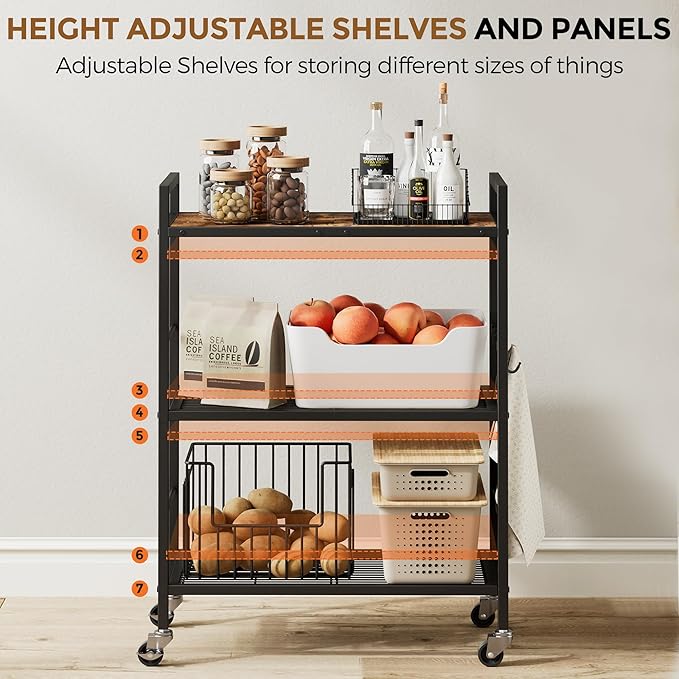 XIVIRACK 3-Tier Metal Storage Rack with Industrial Wheels,Mesh Shelving Unit with Wooden Table top,Adjustable Shelf,23.6-Inch Width,for Kitchen,Laundry,Pantry,Plant,Black