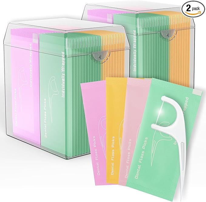 Individually Wrapped Floss Picks, Multi-Color Oral Care Flossers for Adults with Handy Case, Mini Disposable Dental Floss Singles Bag for Travel, Hotel, Restaurant, Office, Car, Wedding - 2Case