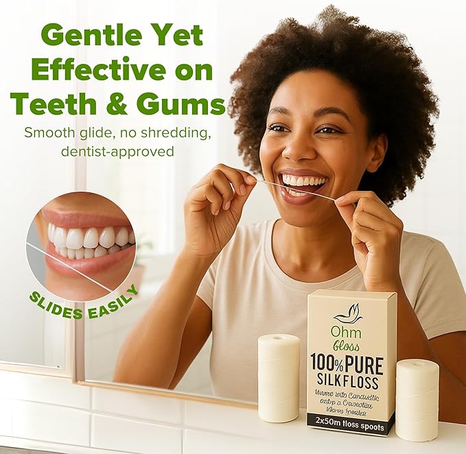 Ohm Earth’s Ohm Floss Refill – Natural Silk Dental Floss for Refillable Bamboo/Steel Holder, Candelilla Wax, 100% Compostable, Eco Oral Care, 109yds/100m (2-Pack) Natural Mint