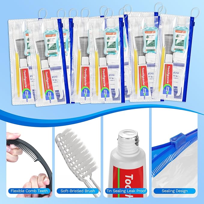 Xuezoioy Personal Hygiene Kit Bulk Pack of 100,Yellow Basic Travel Toiletry Set Disposable Toothbrushes with Toothpaste Mouthwash Floss Comb Cover and Zip Bag for Homeless,Charity,Guests