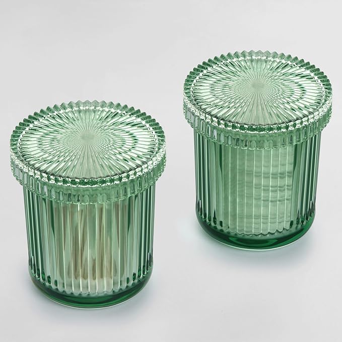 2 Pack Qtip Holders for Bathroom, Clear Glass Apothecary Jars with Lids,Vintage Bathroom Canisters for Cotton Balls,Swabs,Floss Picks,Hair Ties,Vanity Organizer and Storage Decor (Green)