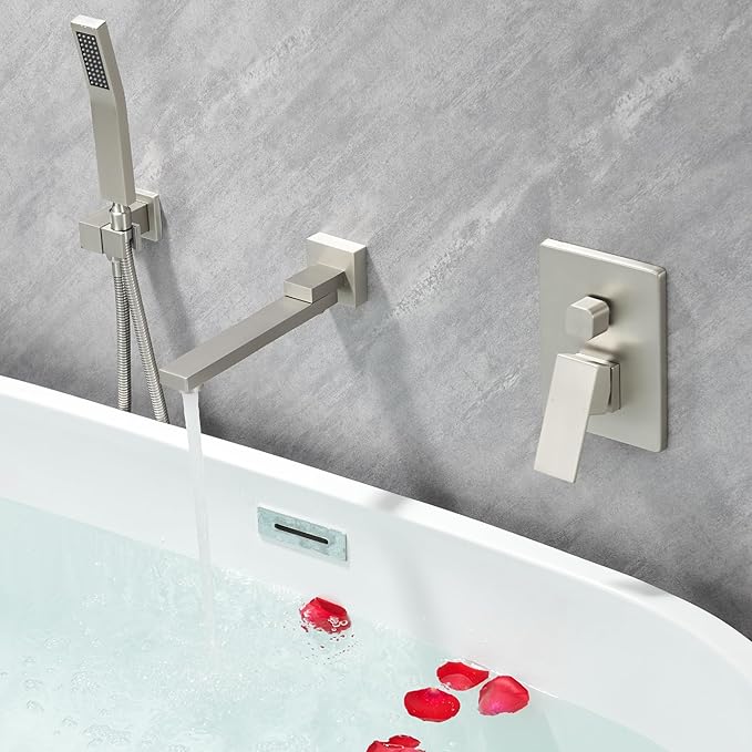DASAN Swiveling Wall Mount Tub Filler Faucet Set with Hand Held Shower, Brushed Nickel Modern Creative Bathtub Faucet Wall Mounted Bath Tub Faucet with High Flow Rough in Valve, SA-TF05WH-BN