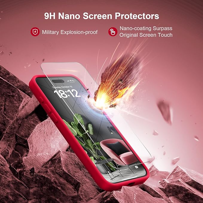 Magnetic for iPhone 15 Pro Case, Compatible with MagSafe, with 9H Nano Screen Protectors, Full Camera Protection, Silicone Shockproof Microfiber Lining Phone Case 6.1", Deep Red