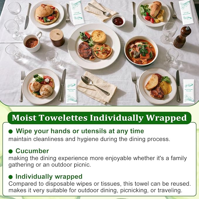 Moist Cotton Towel Bulk Moist Towelettes Individually Wrapped,White Towel Services,Refreshment Pre Moistened Towels for Dentist Travel Sport Party Hotel 50，Cucumber