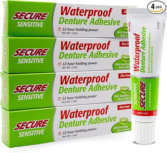 Secure Sensitive Gums Waterproof Denture Adhesive Zinc Free with Aloe Vera & Myrrh - Extra Strong 12 Hour Hold - 1.4 oz (Pack of 4)