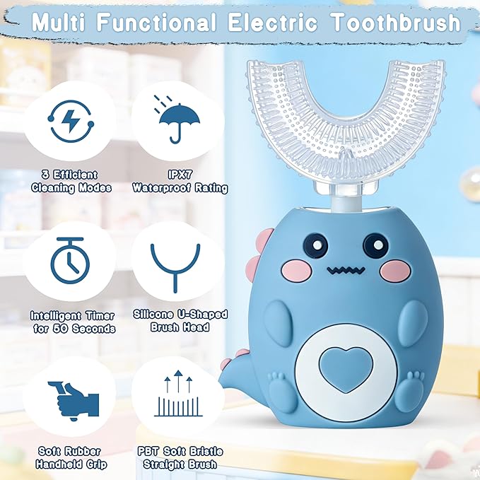 Kids Electric U Shaped Toothbrush, Sonic Automatic Toothbrush Kids with 4 Brush Heads, 3 Cleaning Modes, Cartoon Dinosaur IPX7 Waterproof 360º Round Toddler Electric Toothbrush(Blue, Ages 2-12)