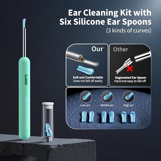 Ear Wax Removal, Ear Cleaner with Camera and Light, Ear Wax Removal Kit with 8 Pcs Set, Ear Wax Removal Tool Camera with 1080P, Ear Cleaning Kit with 6 Spoons, Ear Camera for iOS & Android (Green)