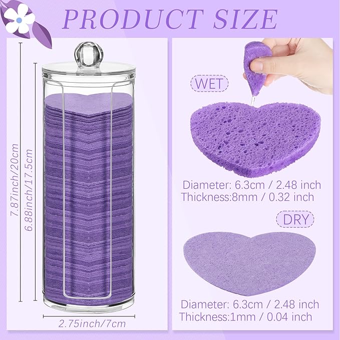 Sieral 120 Pcs Compressed Facial Sponges with Container Disposable Face Sponge Pads for Washing Face Cleansing Exfoliating Esthetician Makeup Removal(Heart,Purple)