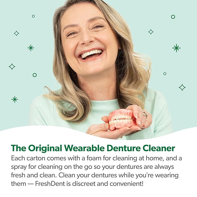 EverSmile FreshDent Denture and Partial Denture Cleaner + Teeth Whitening Spray and Foam– Travel Size Alternative to Cleaning Tablets That Eliminates Bacteria and Fights Bad Breath – 50ml + 10ml (4pk)