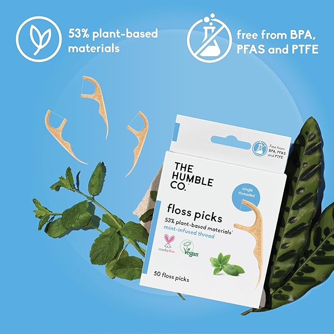 The Humble Co. Floss Picks (200 Count) – Plant Based Dental Floss Picks for Superior Oral Care, Dental Hygiene, and Gum Health, Cruelty Free Tooth Floss Picks (Mint, Single Thread)