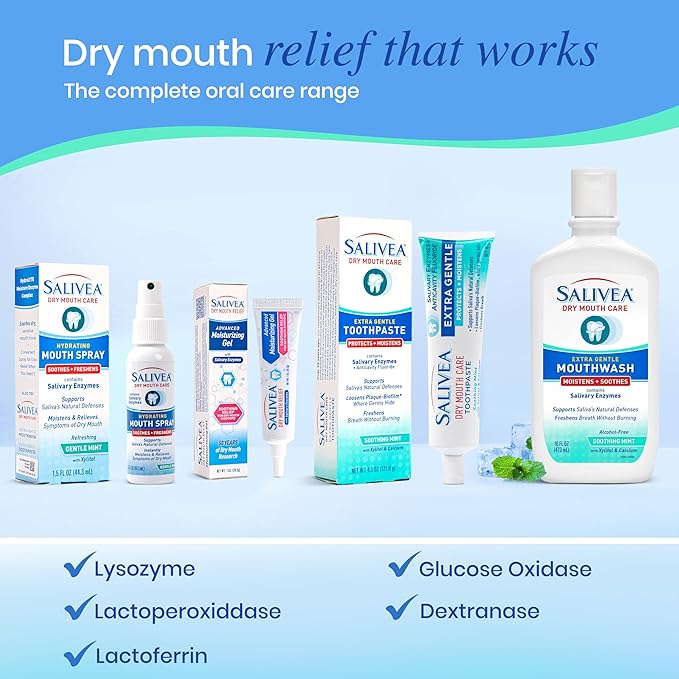 SALIVEA Gentle Toothpaste for Dry Mouth Care, 4.3 oz Tube, Anticavity with Fluoride, Natural Salivary Enzymes, Vitamin E & Aloe Vera, Cleans, Moisturizes & Refreshes Breath, Soothing Mint Flavor