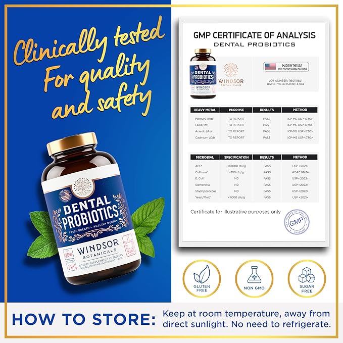 Oral Probiotics for Teeth and Gums - 3BN CFU Lactobacillus Salivarius Acidophilus Rhamnosus Streptococcus - Bad Breath Treatment for Adults - 45 Chewable Mint Dental Probiotic Tablets for Women & Men