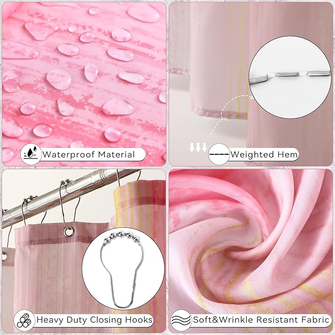 Bathroom Set - Pink and Gold Bathroom Accessories Set, Bathroom Sets with Shower Curtain and Rugs, Pink Shower Curtain Set with Bathroom Trash Can, Soap Dispenser, Soap Dish for Home Decor
