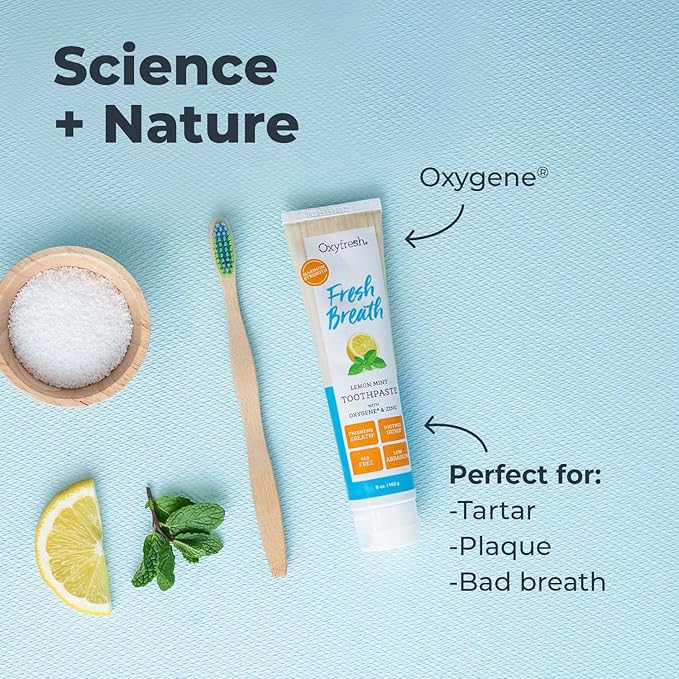Oxyfresh Premium Lemon Mint Fresh Breath Toothpaste to Help Fight Bad Breath, Anti Plaque & Tartar Control - Low Abrasion Gel, SLS & Fluoride Free Toothpaste with Essential Oils, 5oz