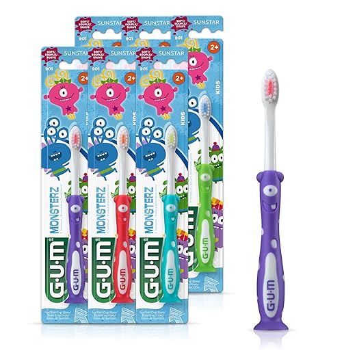 GUM Monsterz Children and Toddler Toothbrush, Soft Bristled Kids’ Toothbrush with Suction Cup, for Ages 2+, 1 Count(Pack of 6)