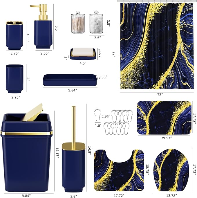 25PCS Bathroom Accessory Set, Navy Blue Bathroom Set with Large-Capacity 4 Gallon Trash Can,Bathroom Rugs Set, Waterproof Shower Curtain, Toilet Brush, Toothbrush Holder & Soap Dispenser