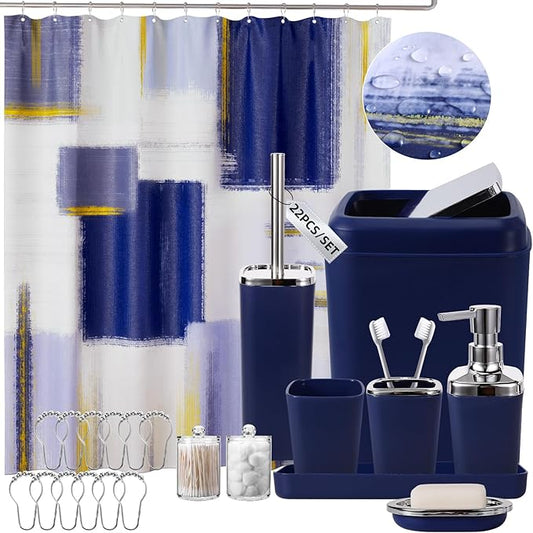 Blue Bathroom Accessories Set, Bathroom Sets with Shower Curtain, Navy Blue Bathroom Accessories with Trash Can, Soap Dispenser, Soap Dish, Toilet Brush Holder, Qtip Holders for Bathroom
