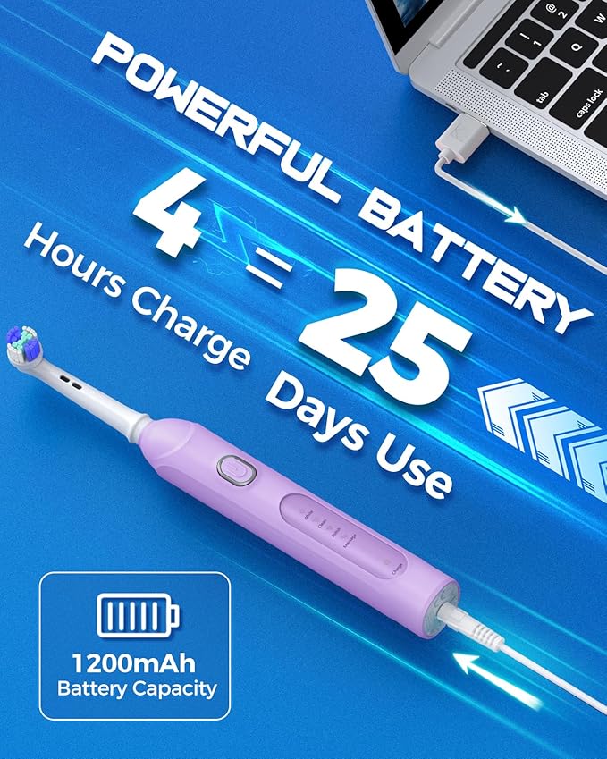 TEETHEORY Rotating Electric Toothbrush for Adults with 8 Brush Heads (2 Types), 4 Modes Deep Clean Electric Toothbrush with Rechargeable Power and 2 Min Smart Timer (6-Purple, p1)