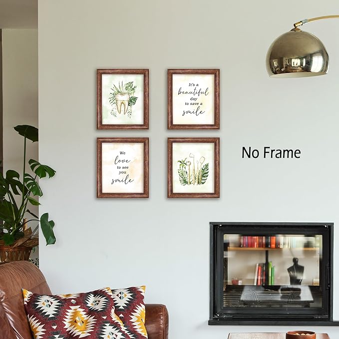 KSDUT Dental Wall Decor Art Set of 4 - Dentist Clinic Artwork Poster Prints Green Leaf Wall Decor Botanical Dentistry Picture Wall Art for Office Home Hospital Decorations - 8"x10" Unframed