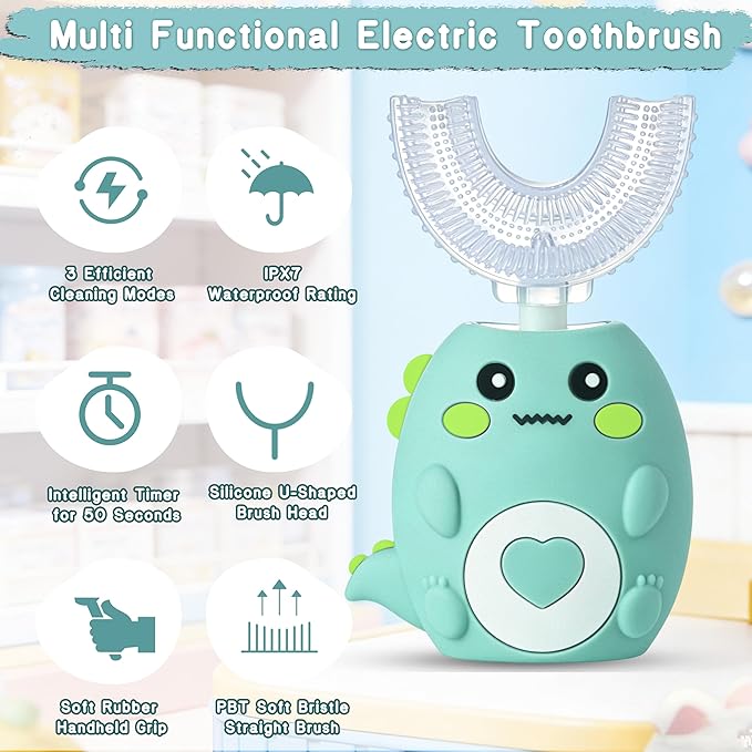 Kids Electric U Shaped Toothbrush, Sonic Automatic Toothbrush Kids with 4 Brush Heads, 3 Cleaning Modes, Cartoon Dinosaur IPX7 Waterproof 360º Round Toddler Electric Toothbrush(Green, Ages 2-12)