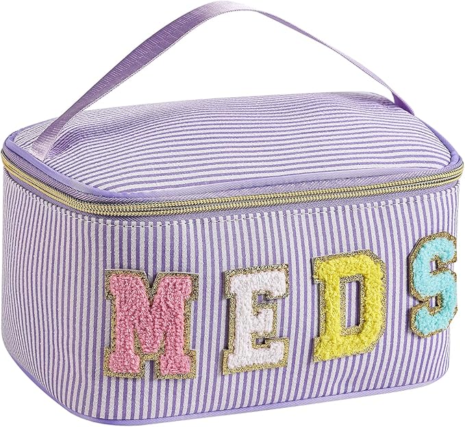 Chenille Letter MEDS Makeup Bag,Large Size Striped Medicine RX Cosmetic Bag with Top Handle, Aesthetic Seersucker First Aid Travel Organizer Bag for Women Girls(03Purple)