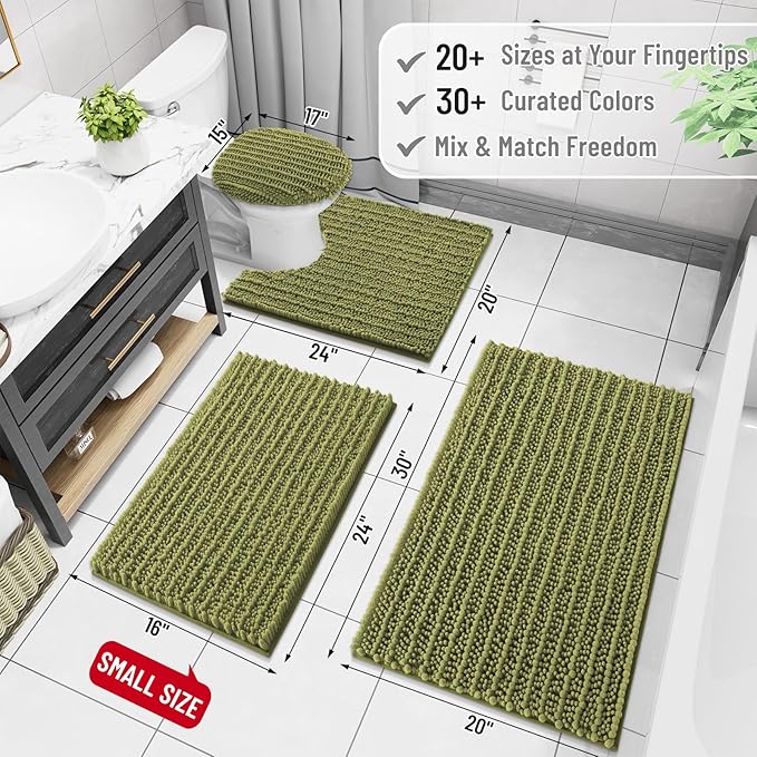 Arotive Luxury Chenille Bathroom Rug Mat, Extra Soft Thick Absorbent Shaggy Bath Rugs, Non-Slip Machine Wash Dry, Plush Bath Mats for Bathroom, Shower and Tub, 24x16, Willow Green