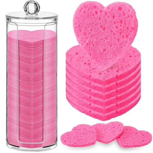 Sieral 120 Pcs Compressed Facial Sponges with Container Disposable Face Sponge Pads for Washing Face Cleansing Exfoliating Esthetician Makeup Removal(Heart,Rose Red)