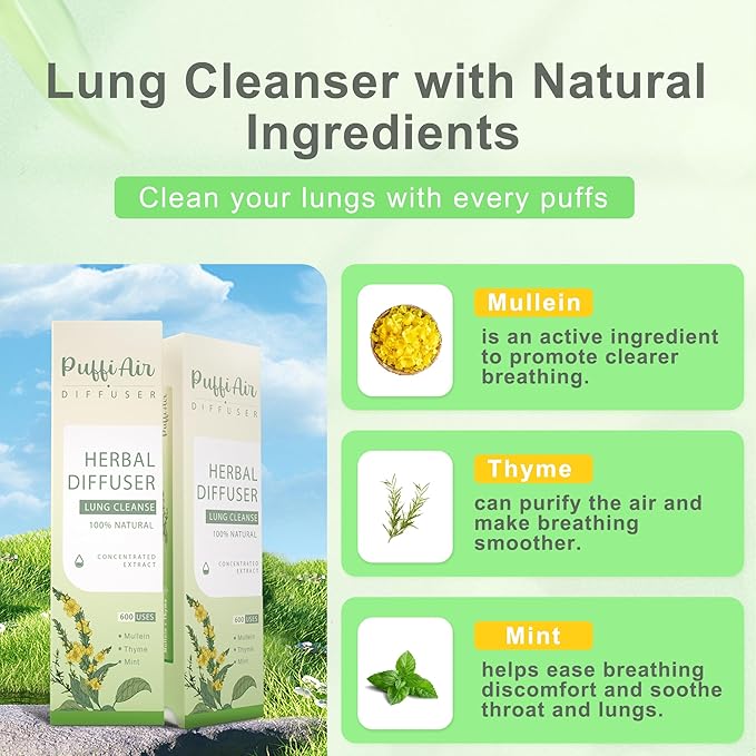 Herbal Diffuser Upgraded with Extracts of Mullein, Thyme and Mint for Cleansing Lungs, Improving Breathing and Oral Air Freshening (Green, 6 Sticks (Pack of 2))