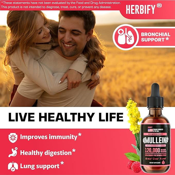 HERBIFY Mullein Drops - Lung Cleanse - Leaf Extract - Powerful Mullein for Immune Support, Detox & Respiratory Support - Made in USA - 4 Oz Raspberry Flavor