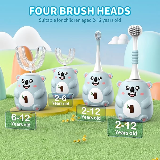 Kids U Shaped Electric Toothbrush, Automatic 360° Sonic Cleaning, 6 Modes, 4 Brush Heads, Cute Cartoon Koala Design (2-6 Age (Grey Blue))