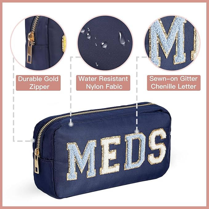 uekeboag Personalized Chenille Letter Patch MEDS Bag,Cute Nylon Drug Medicine Travel Makeup Bag with Zipper, Preppy Vitamin Organizer Bag for Women and Girls (04 Navy)
