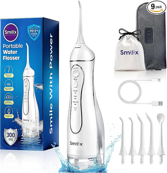 Smilix Water Flosser, 4-Mode Cordless Oral Irrigator – 300ML, USB-C, Waterproof (IPX7), 5 Jet Tips, Travel Case – Powerful Deep Cleaning for Teeth & Gums