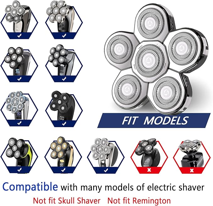 Universal Replacement Heads for Blade,Replacement Blades Compatible with Most Major Head Shaver Brands, Easy-to-Install Electric Razor Shaver Heads for Bald Men. (6 Silver)